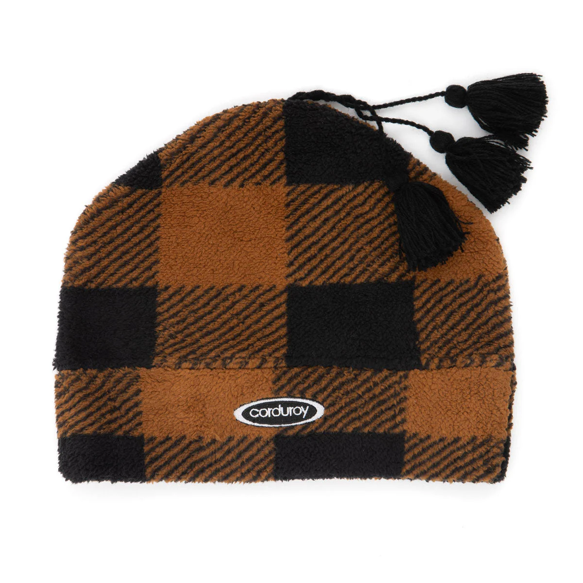 Corduroy Fleece Tassle Beanie - Plaid