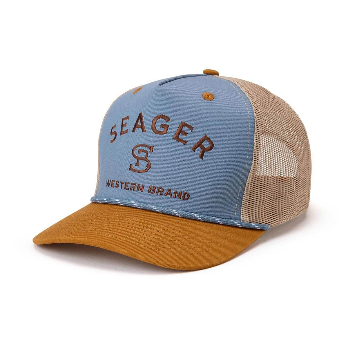 Seager Branded Trucker Snapback Hat - Blue/Tan