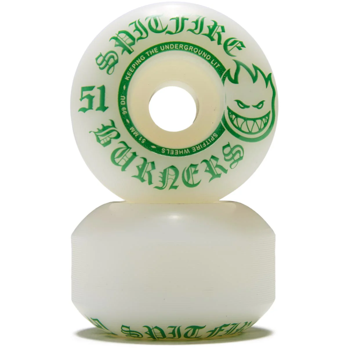 Spitfire 99du Burner Skateboard Wheels - White/Green - 51mm - Image 2